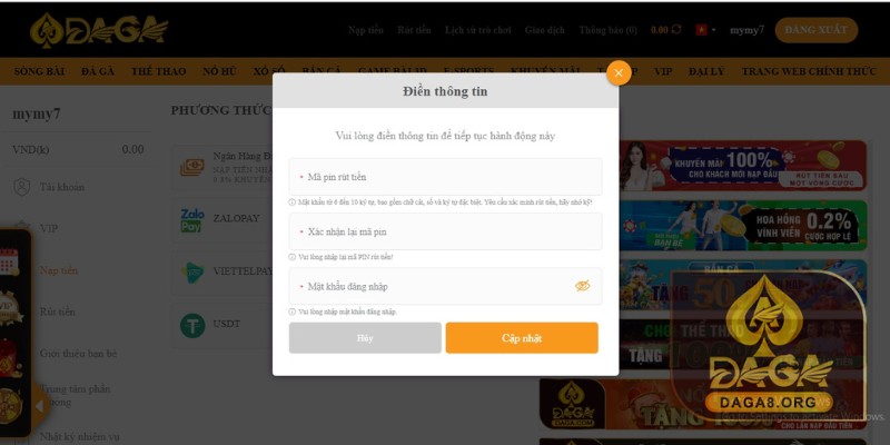 Điền thông tin nạp tiền vào DAGA